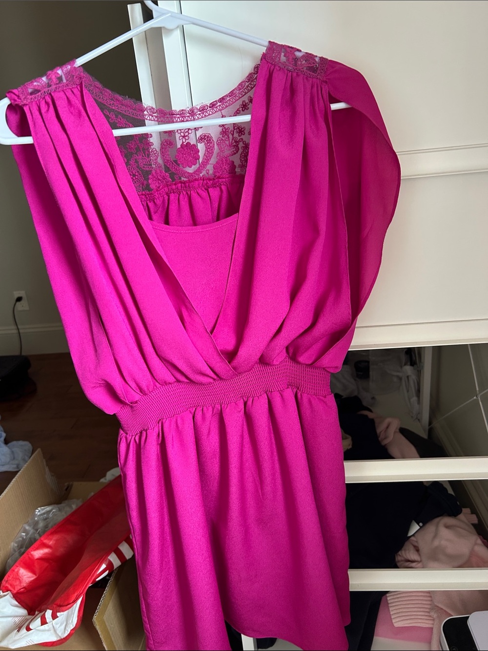 Fuchsia Lace-Back V-Neck Mini Dress. Just anove knee